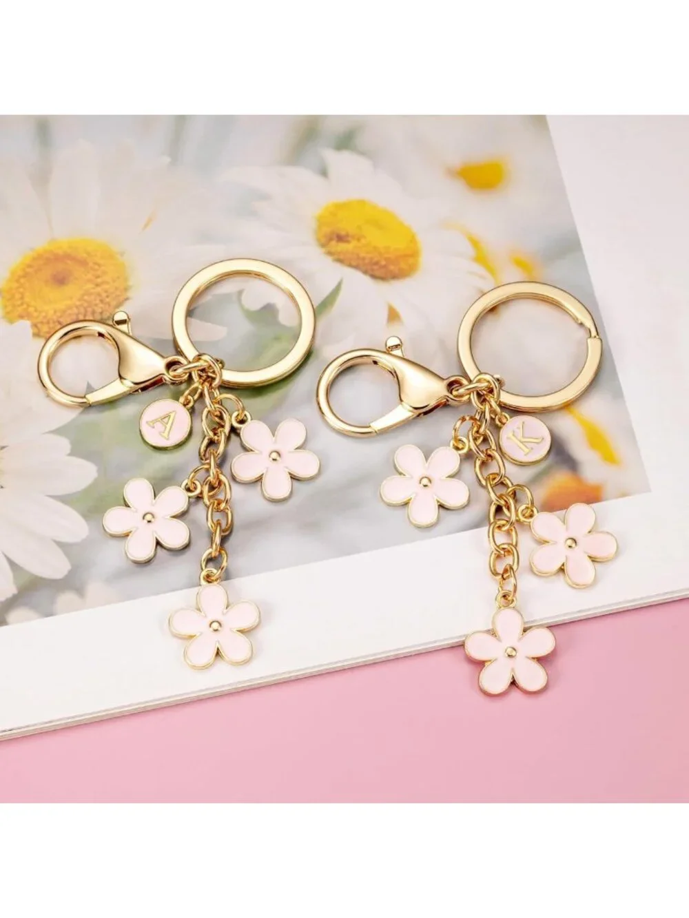 Cute Initial Keychain for Girls - White Pink Black Purse Charm & Flower Keyring
